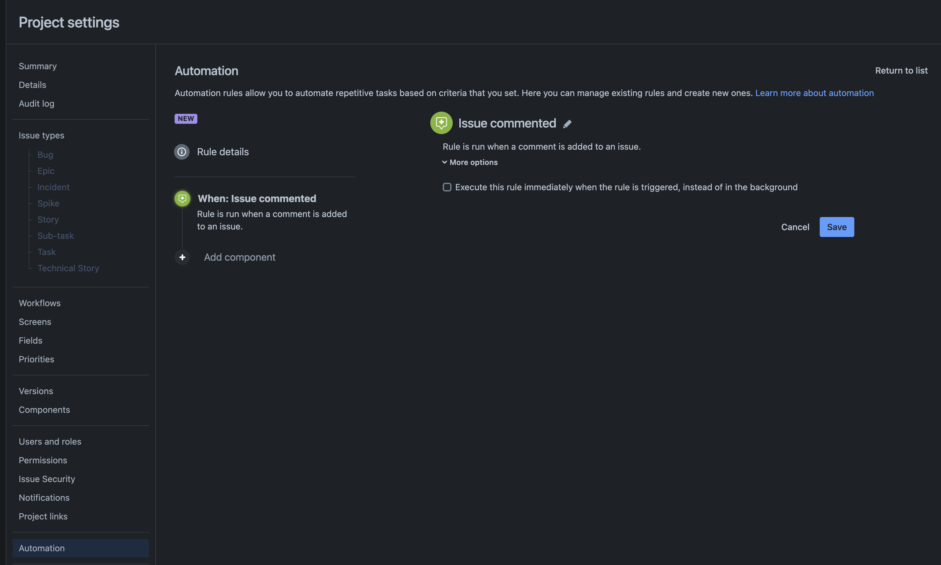 Select the Jira automation trigger