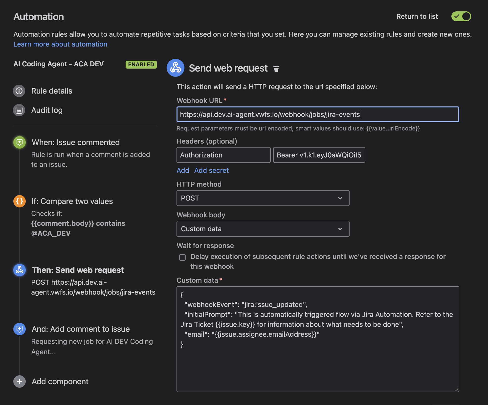 Configure the Development legacy web request