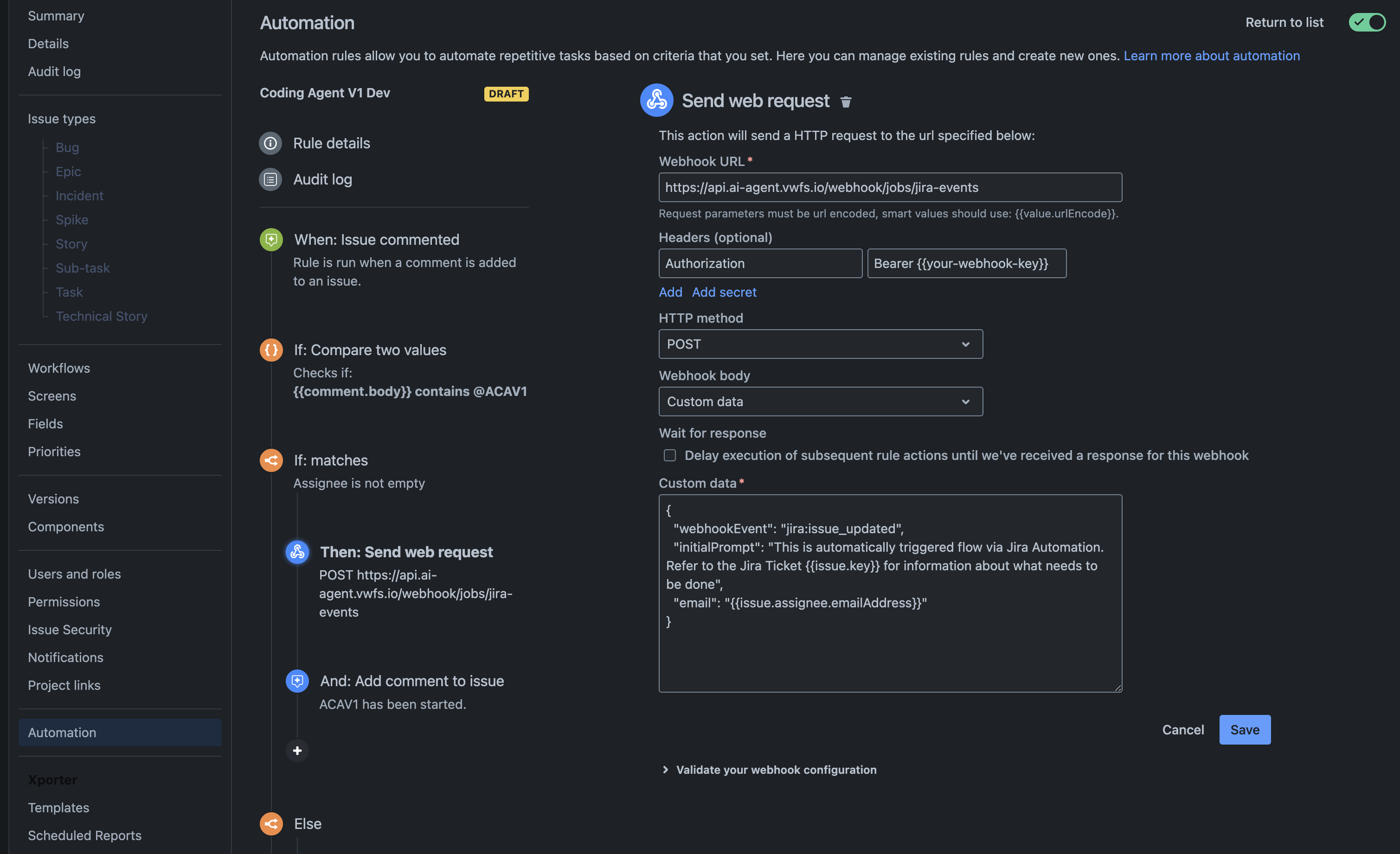 Send a web request from Jira automation